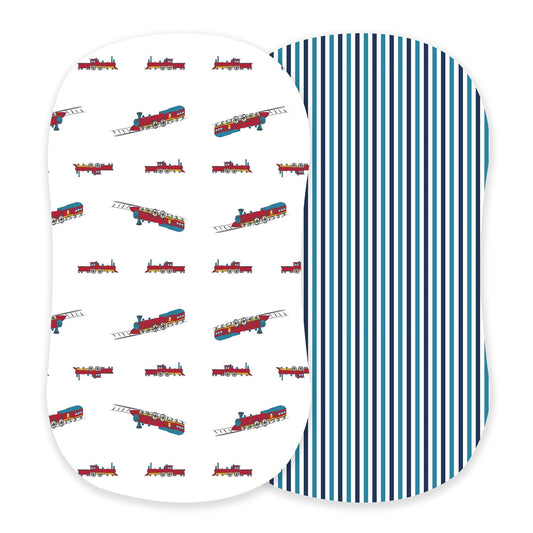 Vintage Steam Trains and Blue and White Stripe Bamboo Changing Pad Cover/Bassinet Sheets